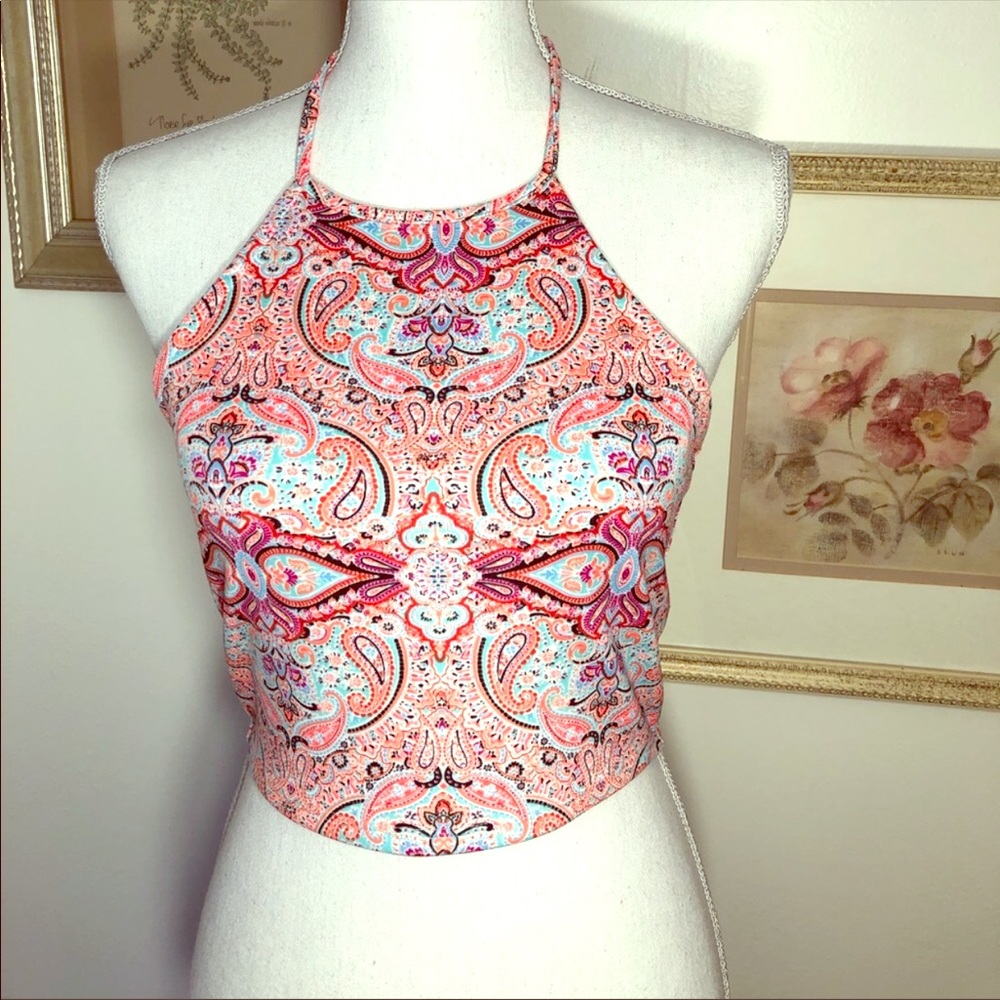 Charlotte Russe Pink Boho Cropped Halter Top Sz.M